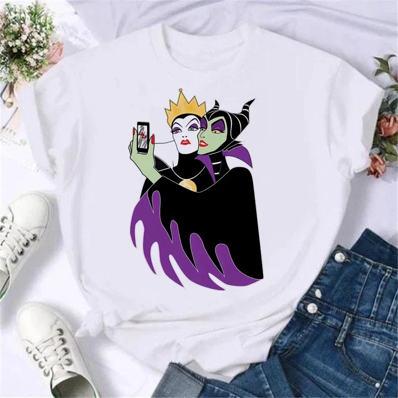 Disney Cartoon Villain T-shirt Damski złoczyńca Księżniczka T-shirt z wzorem Harajuku Odzież uliczna Białe letnie bawełniane topy