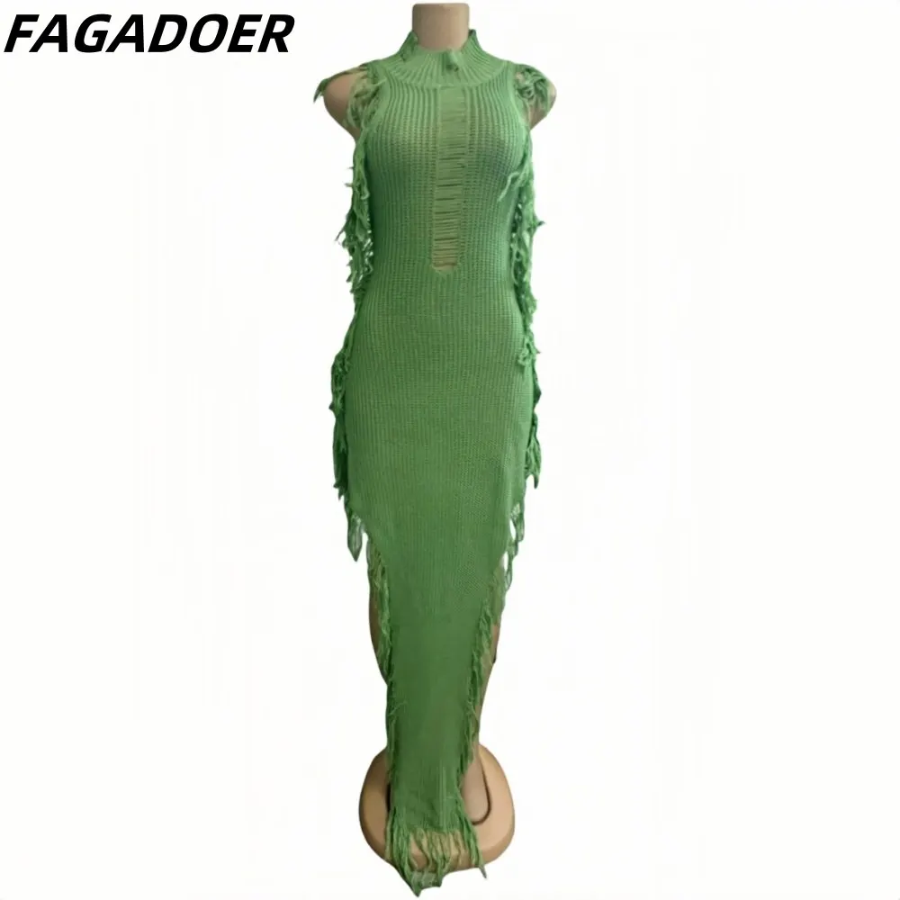 FAGADOER Fashion Knitting Irregular Tassels Bodycon Long Dresses Women Round Neck Sleeveless Slim Slim Vestidos Female Clothing
