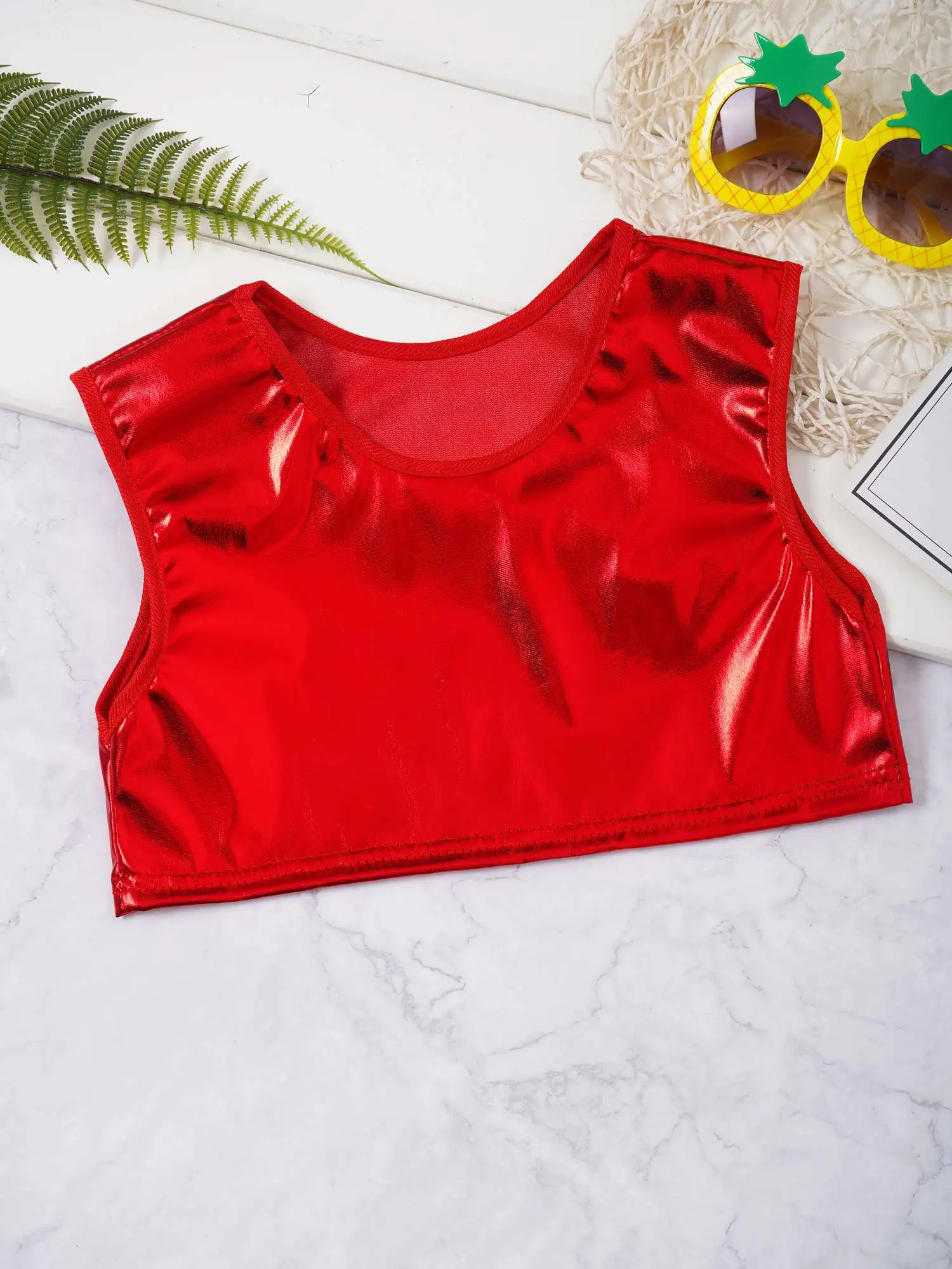 Kids Girls Shiny Metallic Sleeveless Round Neckline Crop Top Vest Ballet Jazz Modern Dance Stage Performance Costume Dancewear