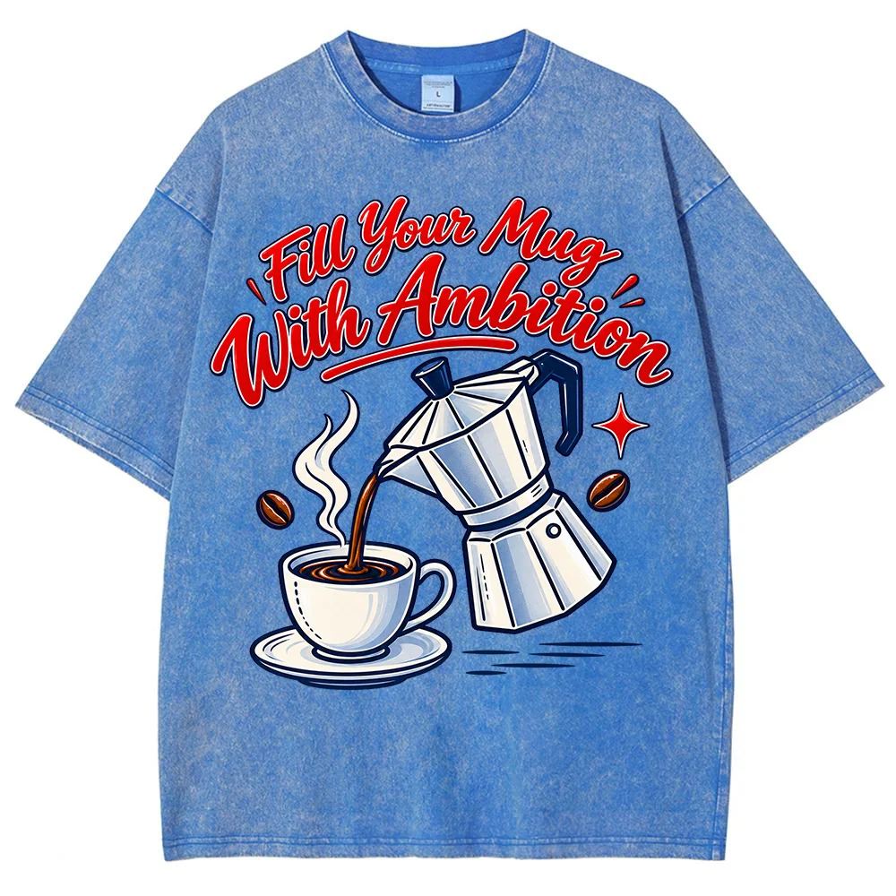 Women Coffee Lover Graphic T Shirt Fill Your Mug With Ambition Moka Pot Coffee Cup Print Short Sleeve Casual Tee Top