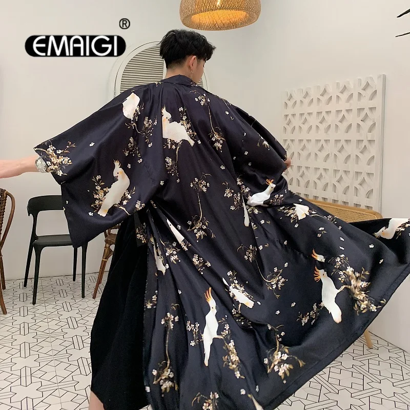 Men Print Japan Fashion Loose Casual Vintage Long Kimono Cardigan Shirt Night-robe Trench Coat Sunscreen Beach Jacket Robe