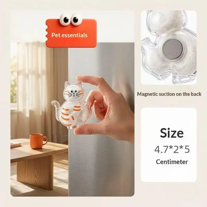 Cute Cat Shaped Clear PP Fridge Magnet With Pet Fur Storage Function For Home Kitchen Decor Cat Lovers