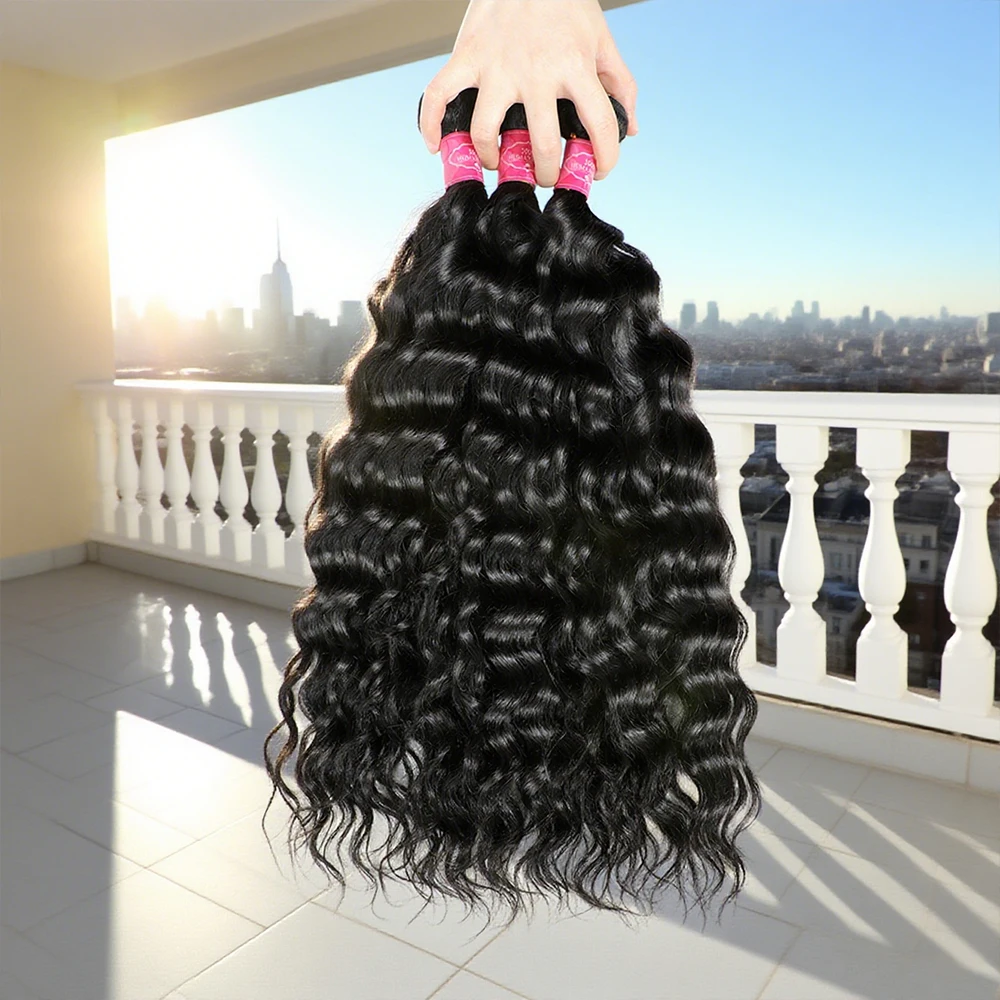 Natural Water Wave Human Hair Bundles, Curly Deep Wave, Brazilian Natural Black Remy, 3 Bundles