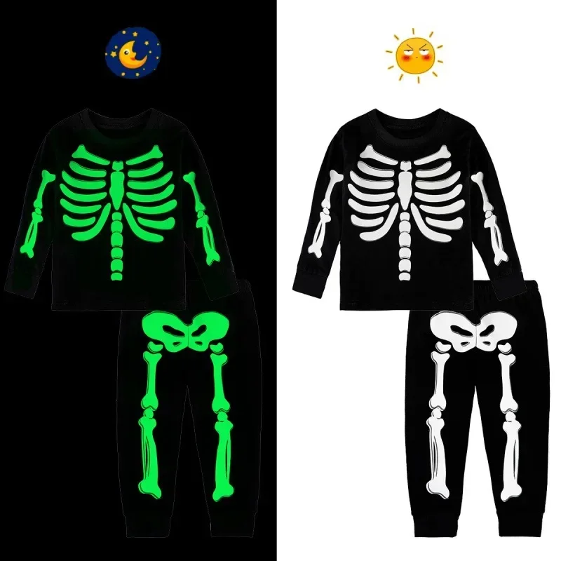 Costume da scheletro per bambini ragazzi ragazze teschio incandescente al buio set di vestiti bambino costumi per feste di Halloween Novetly vestito Cosplay