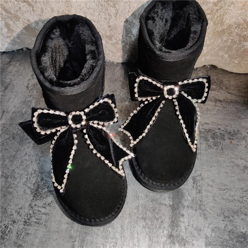 

Black Suede Rhinestone Bowtie Decor Snow Boots Round Toe Plush Fur Crystal Butterfly Knot Winter Boots Woman