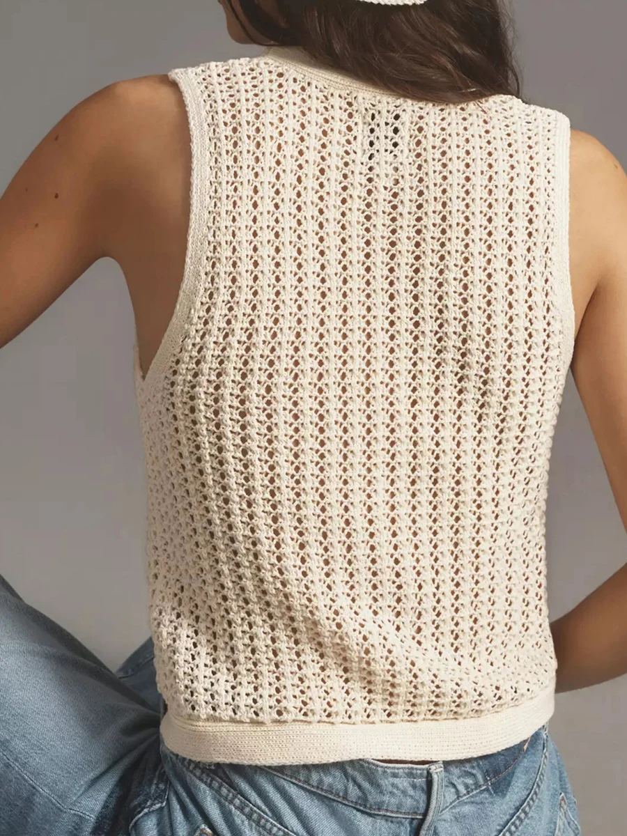 Women Knitted Crop Tops Hollow Eyelet Sleeveless V-Neck Tie Front  Vest Single-Breasted Open-Stitch Sweaters Camisoles