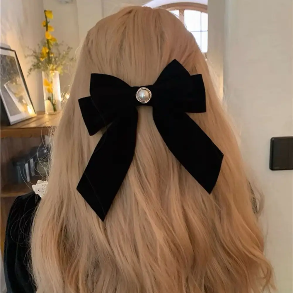 

French Black Velvet Bow Hair Clip Retro Camellia Bow Tie Spring Clip Festival Gift Duckbill Women Barrette High End Headdress