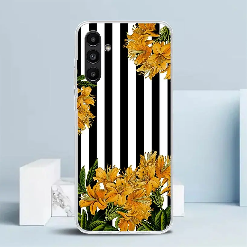 Black White Stripes Flower Phone Case For Samsung Galaxy A15 A14 A13 A12 A55 A54 A53 A52 A35 A34 A33 A32 A25 A24 A23 A22 A04S A0 image 4