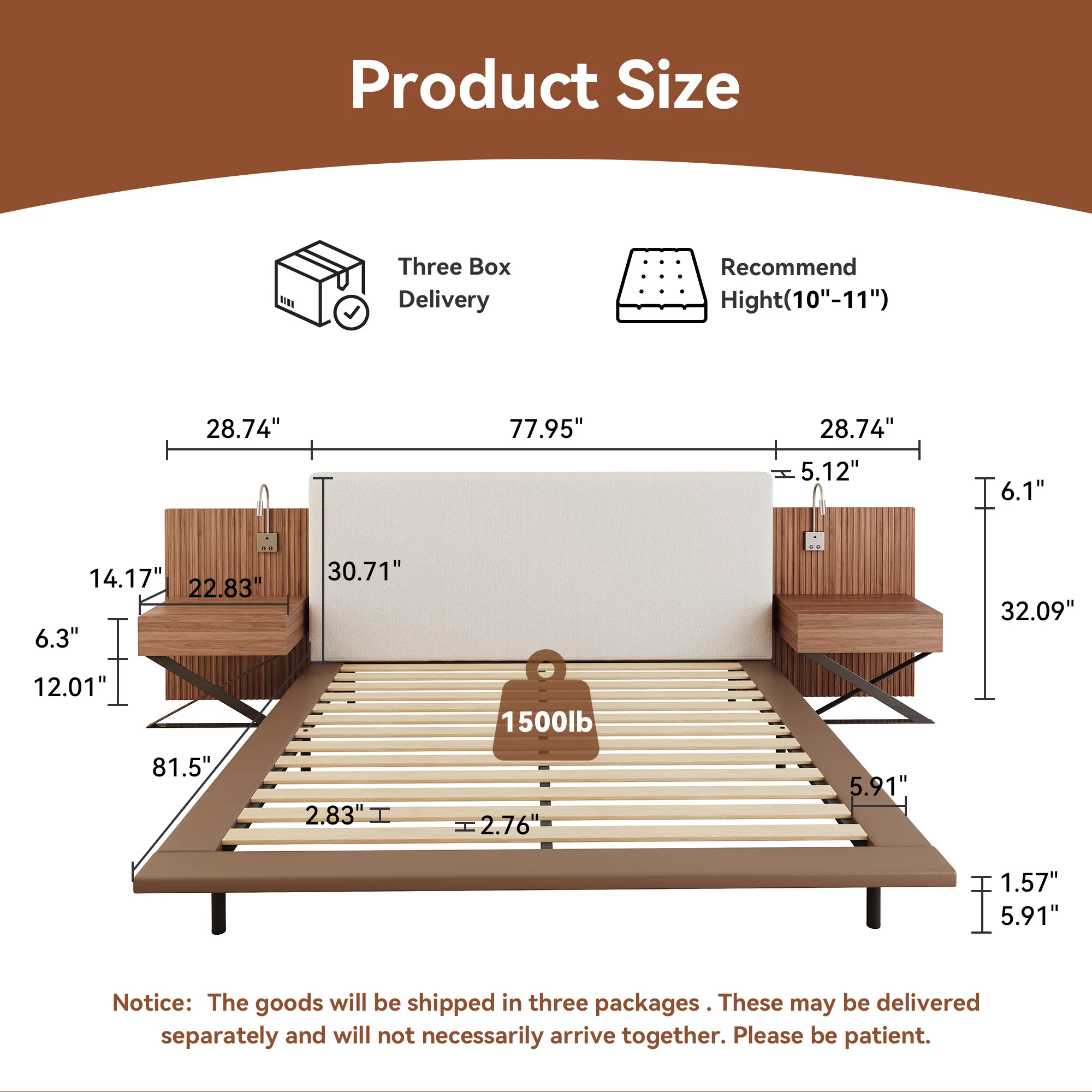 King Size Bed with Integrated Nightstands & Reading Lamps, Wide Headboard with LED Strip Lights, Multifunctional Bedroom Furniture Combination - view 3