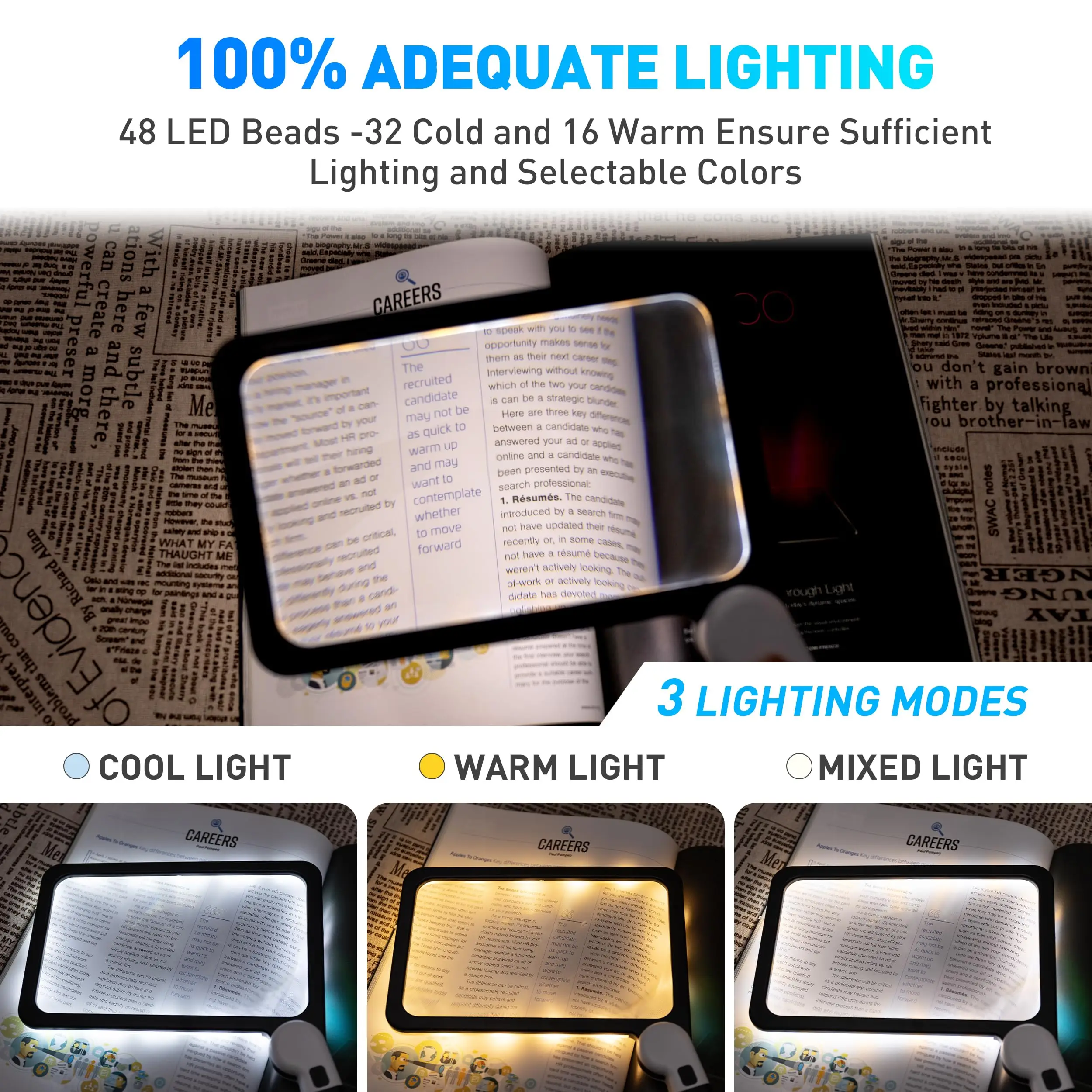 Imagem -03 - Handheld Iluminado Lupa Grande Lupa de Leitura Lente de Lupa Quadrada para Idosos Presente 48 Luzes Led 5x