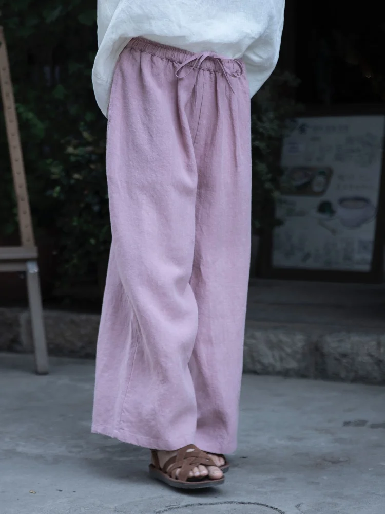 

Yuwenshacity Original Women's Summer Pink Hanflax Casual Pants Simple Straight Leg Trousers Comfortable Loose Fit Natural Waist