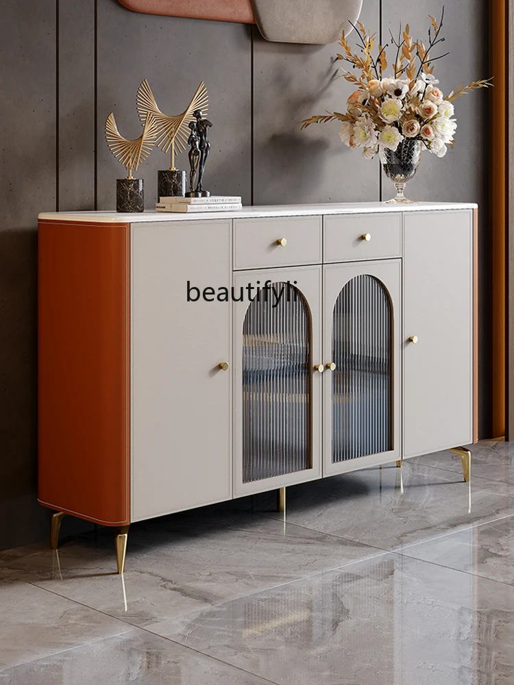 Light Luxury Sideboard Cabinet Modern Living Room Wall Glass Tea Cabinet Multi-Functional Saddle Leather Storage Wine Cabinet