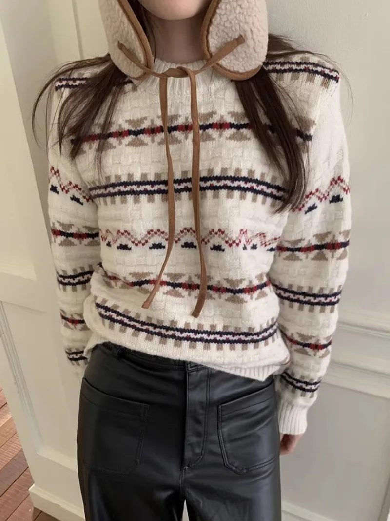 Contrast Jacquard 2024 Woman Sweater Retro Round Neck Outerwears Long Sleeve Knit Ropa Mujer Autumn Winter Pullovers Sueter