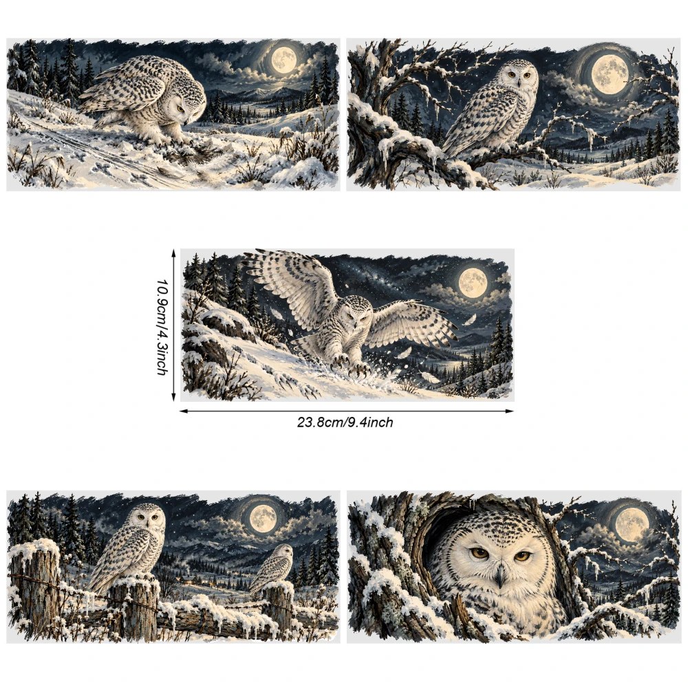 5 Sheets Snowy Owl Winter Scene UV DTF Stickers Waterproof Rub on Transfers for 16 oz Tumbler Plastic Self-Adhesive Labels