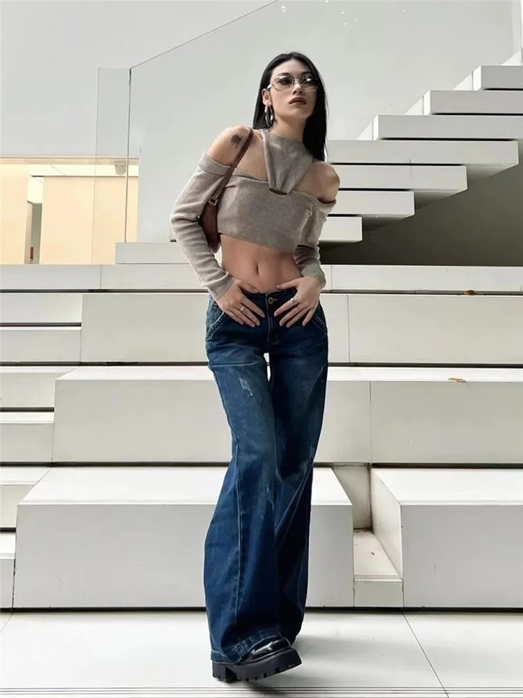 

Американские джинсы-клеш с низкой посадкой для женщин, весна-осень, свободный крой, стройнящий дизайн, длинные, темно-синие, на молнии