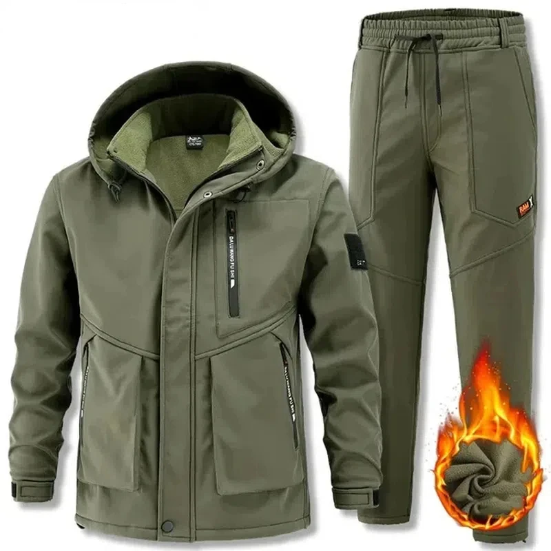 

Oulylan Multi-Pocket Soft Shell Hooded Jackets Work Pants Waterproof Tactical Winter Set Men's Military Suit