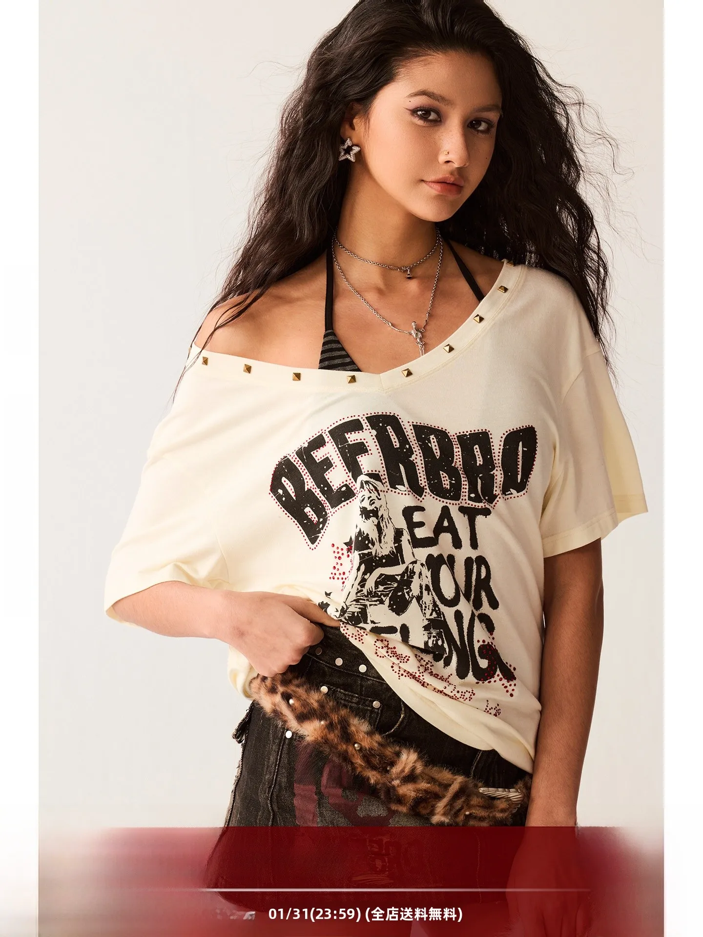 

BeerBro Retro Wave Micro Elastic Skin-friendly Two-piece Set Stripe Bikini Hot Girl V-ne ort-sved T-irt Women