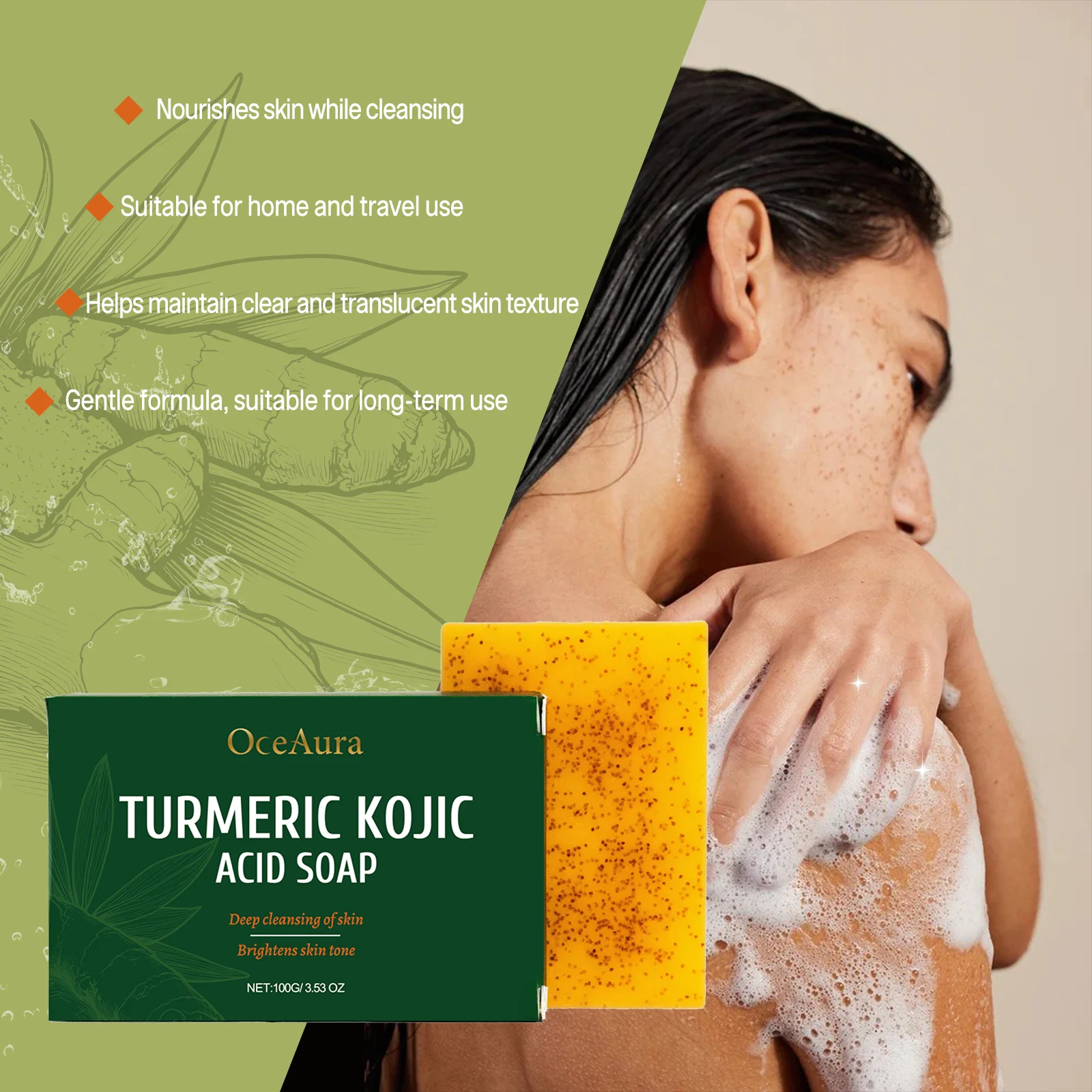 Jabón de ácido kójico de cúrcuma, exfoliante de poros, limpieza, brillo, hidratante, tratamiento del acné, aclaramiento suave, jabón hecho a mano