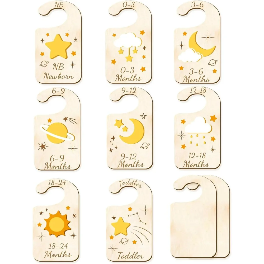 10Pcs Wood Baby Wardrobe Dividers Moon Star Sun Decor from Newborn to 36 Month Hanger Seperaters Baby Closet Organizers Infant