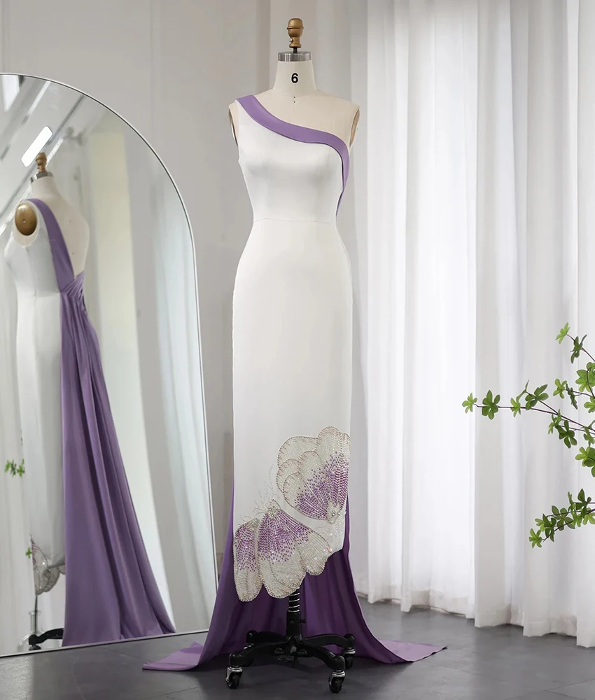 

Customized Sexy Jersey Straight One Shoulder Sequined Beading Pearls Crystal Evening Dress Delicate Sleeveless Celebrity Gowns