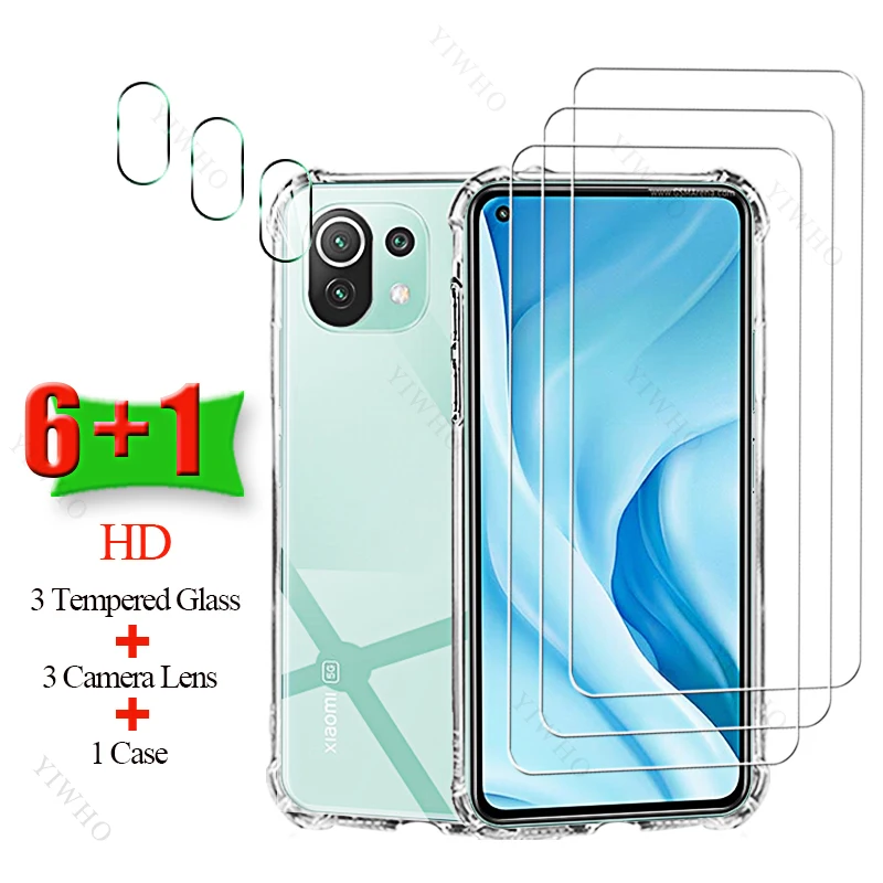 6+1 Full Glue Tempered Glass Screen Protector for Xiaomi Mi 11 Lite 5G Soft Case Camera Lens for Xiaomi11 Lite 5g 6.55