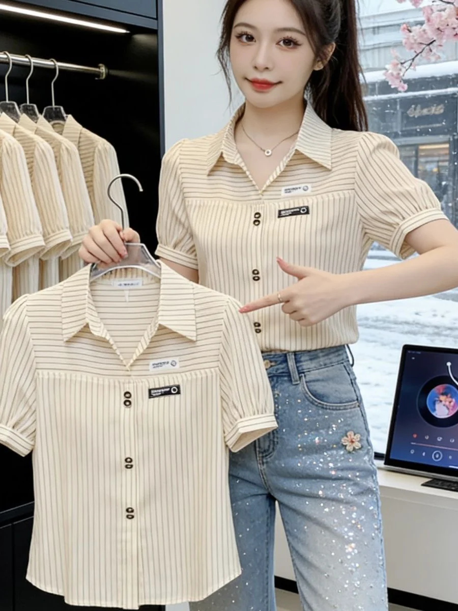 

Summer New Style Casual Stripe Neck Short Sleeve Women's Shirt Young Looking Chiffon Open Cardigan Top Trendy Fashion