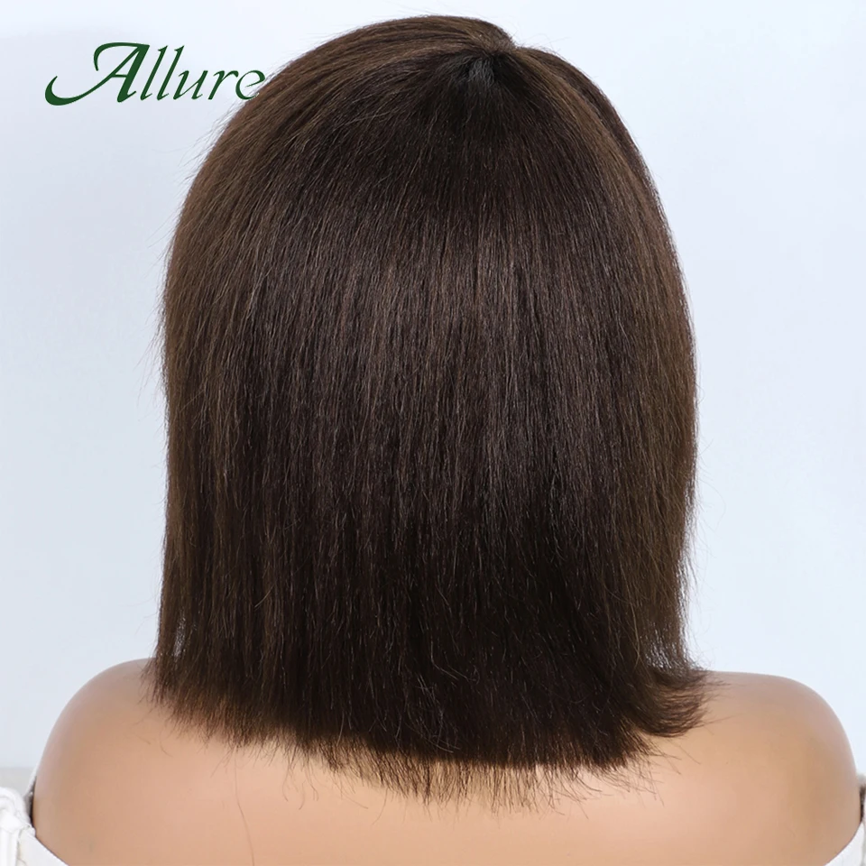 Yaki-pelucas de cabello humano liso para mujeres negras, pelo liso brasileño, máquina completa, 12 pulgadas, color marrón oscuro, Allure