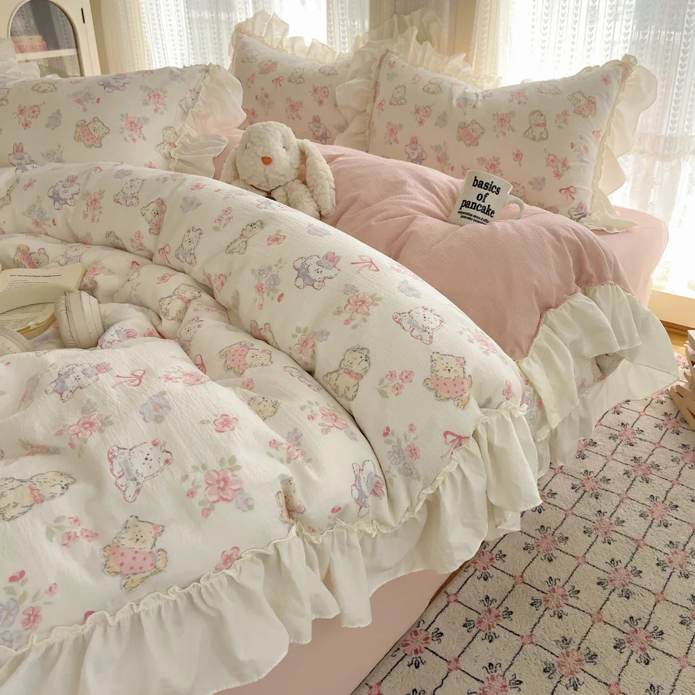 2026 New Double Layer Gauze 4 Piece Bed Sheet Set Cotton Soft Breathable Dorm Bedding