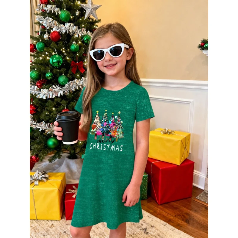 

2026 Girls Green Christmas Themed Dress with Colorful Christmas Tree Print Short Sleeve Holiday Style Skirt for Children