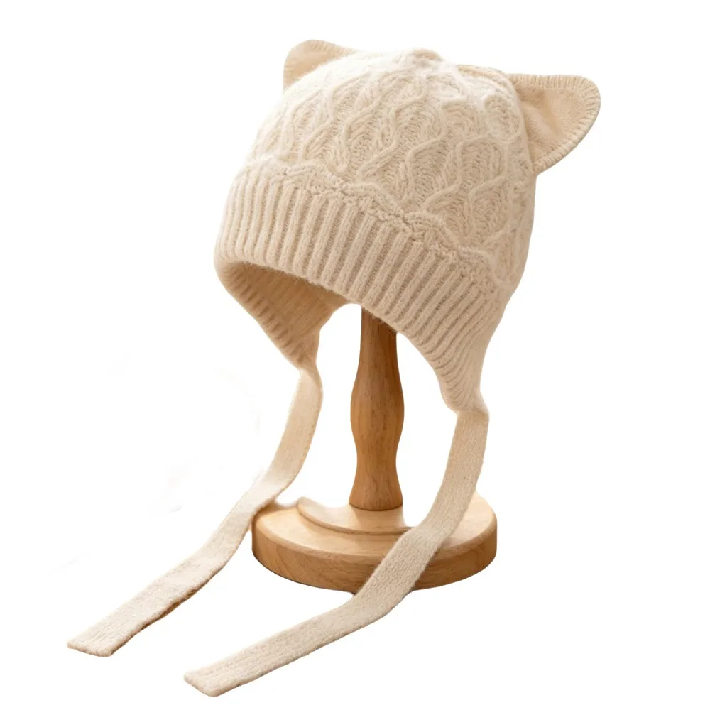 Solid Color Cat Ear Beanie Keep Warm Cold Proof Winter Tie Strap Beanie Thickened Windproof Knit Earflap Hat Outdoor Walking