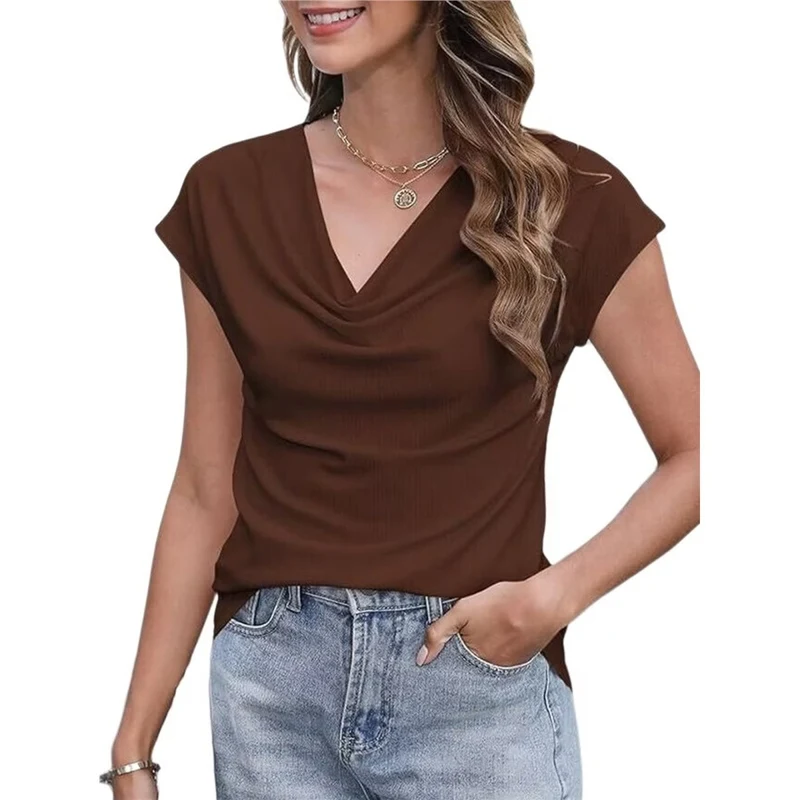 Women Top Summer Casual Solid Color V Neck Short Sleeve Casual Fit Casual Fashionable High Quality New Arrival Trendy
