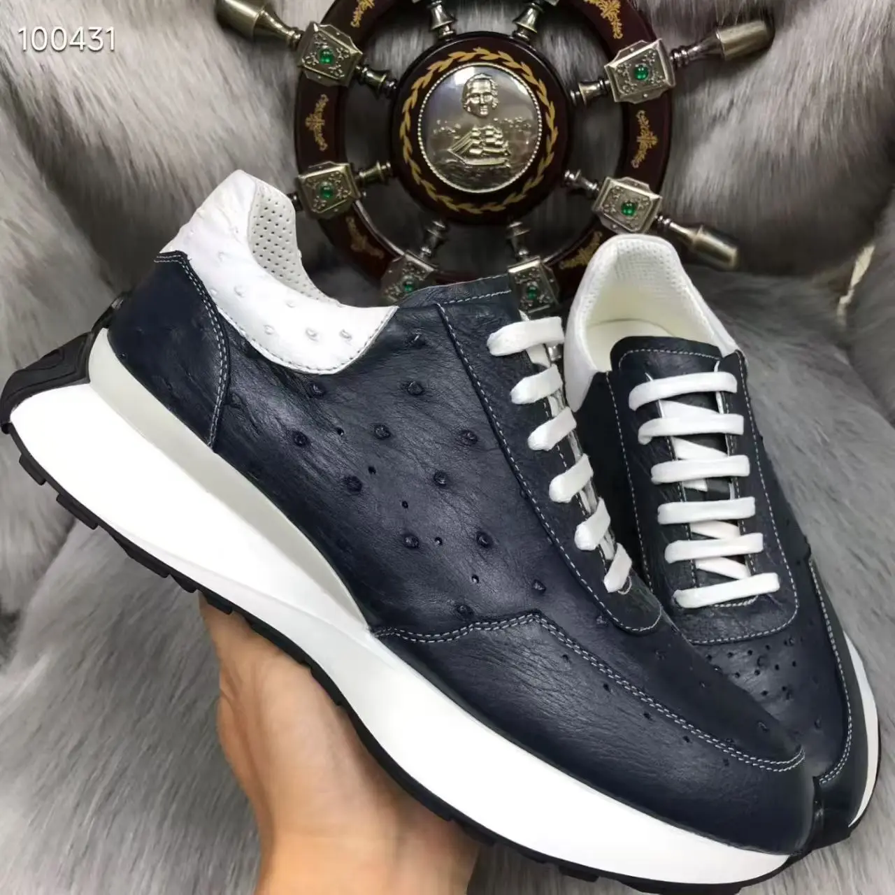 Black Color New Genuine Ostrich Skin Men's Shoes Cow Skin Lining Fashion Leisure Sneaker Leisure Walking Fashion Sneaker