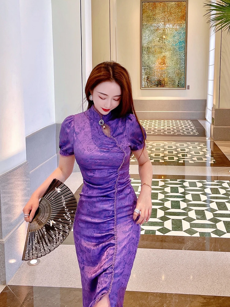 

ReVe High-End Dr Фиолетовый Шелк Tfeta Вышитый Кружевной Воротник Qipao Dr Винтаж Sle ort Sve Повседневная Одежда