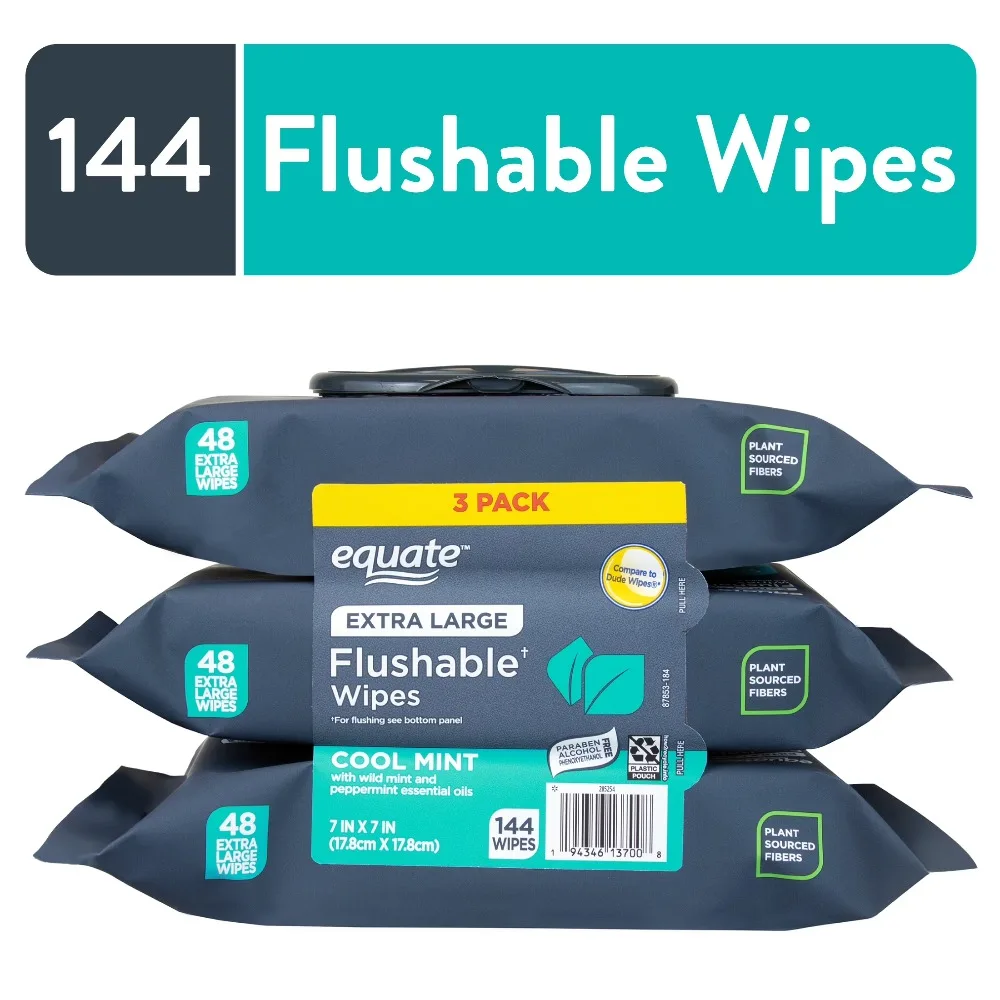 Extra Large Flushable Wet Wipes with Cool Mint Scent Pack of 144 Wipes 3 Packs Bulk Soft and Strong Cleansing Wipes for Adults and Baby