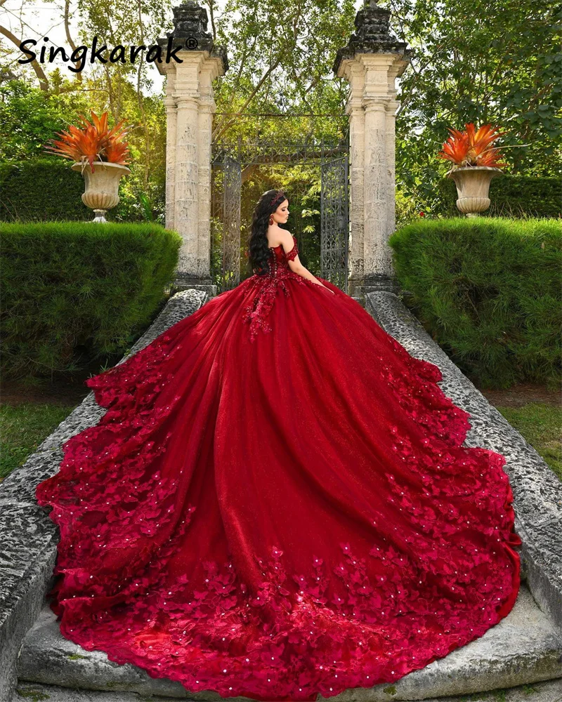 Luxury Red Princess Ball Gown Quinceañera Dresses 2026 Beads Flowers Appliques Crystal Birthday Party For 15th Girls Customized