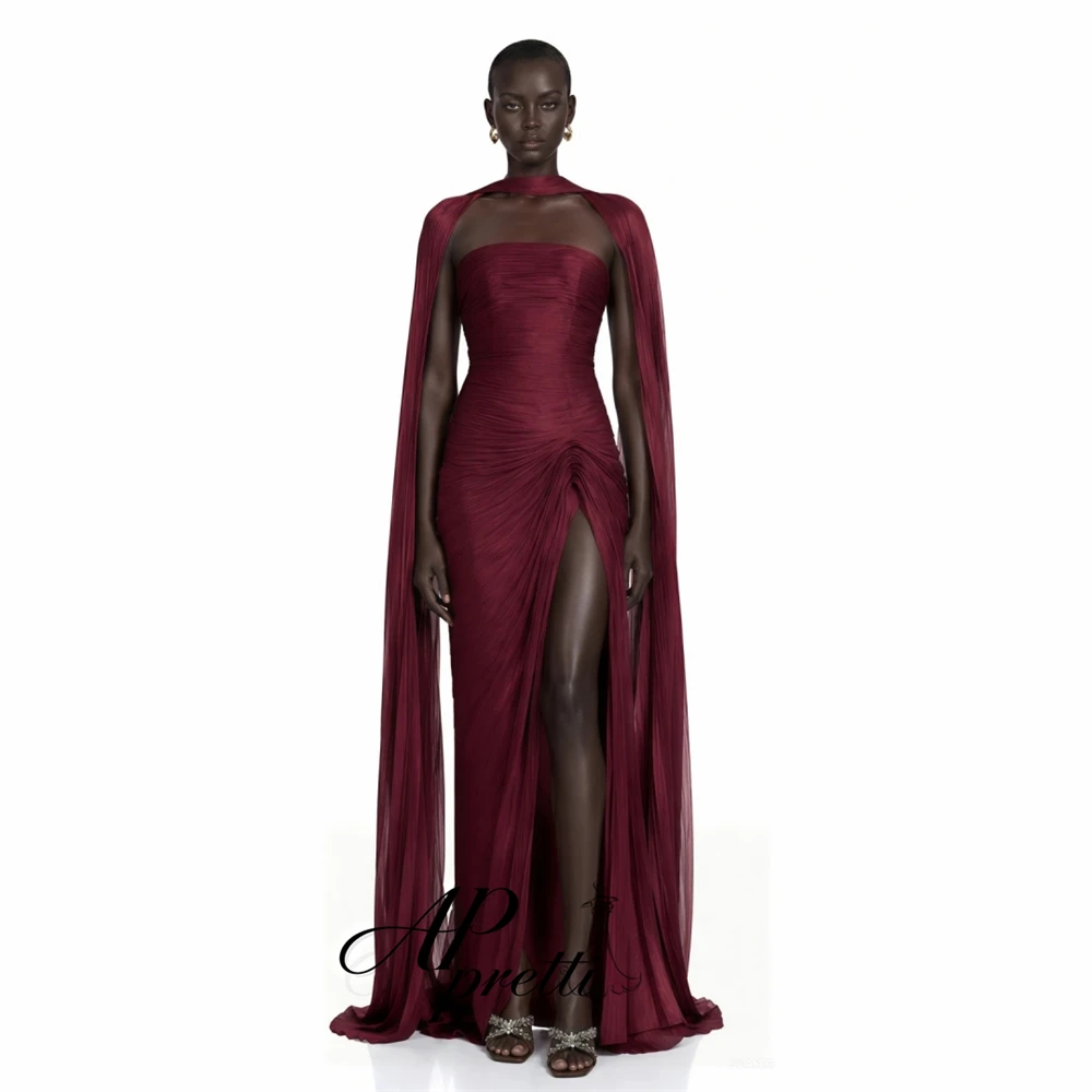 AP pretti Burgundy Strapless Evenning Dress Customized Detachable Shawl Ruched High Slit Pleated Shining Floor‑Length Party Gown
