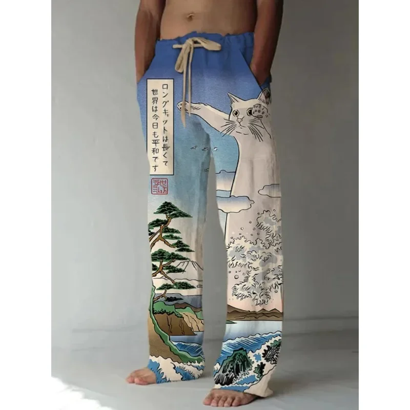 Pantalones de pierna ancha con estampado de gato samurái japonés para hombres y mujeres, pantalones casuales Harajuku, pantalones Hipster, ropa de calle de verano