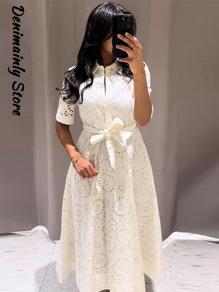 

Elegant Embroidered Hollow Belt Dress Women Collar button solid short sleeved long dresses 2025 Summer Chic Office Ladyo utfit
