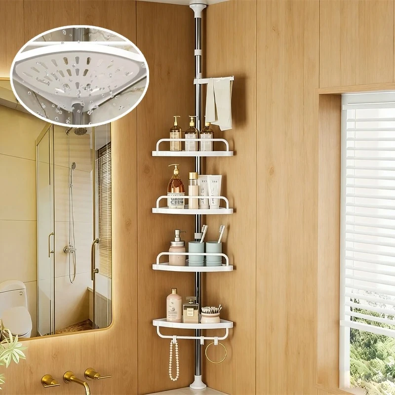 no-drill-telescopic-corner-shelf-shower-adjustable-height-bathroom-shelf-organizer-with-360°-rotating-towel-bar-quick-drain-rack