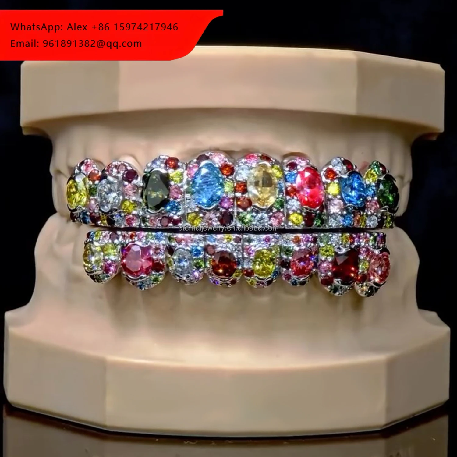 

Custom Flawless Big Colored Stones S925 Silver 10K 14K 18K Solid Gold VVS Moissanite Lab Diamond Iced Out Grillz For Teeth