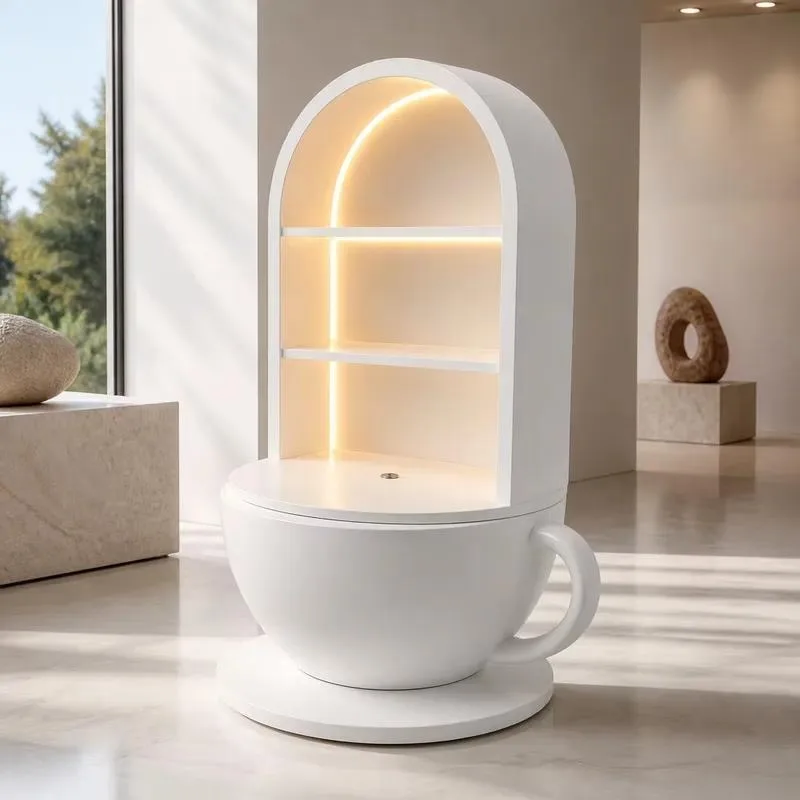 Wholesale Modern White Arched Shelf Coffee Cup Design Unique Beauty Salon Cafe Shop Indoor Front Desk