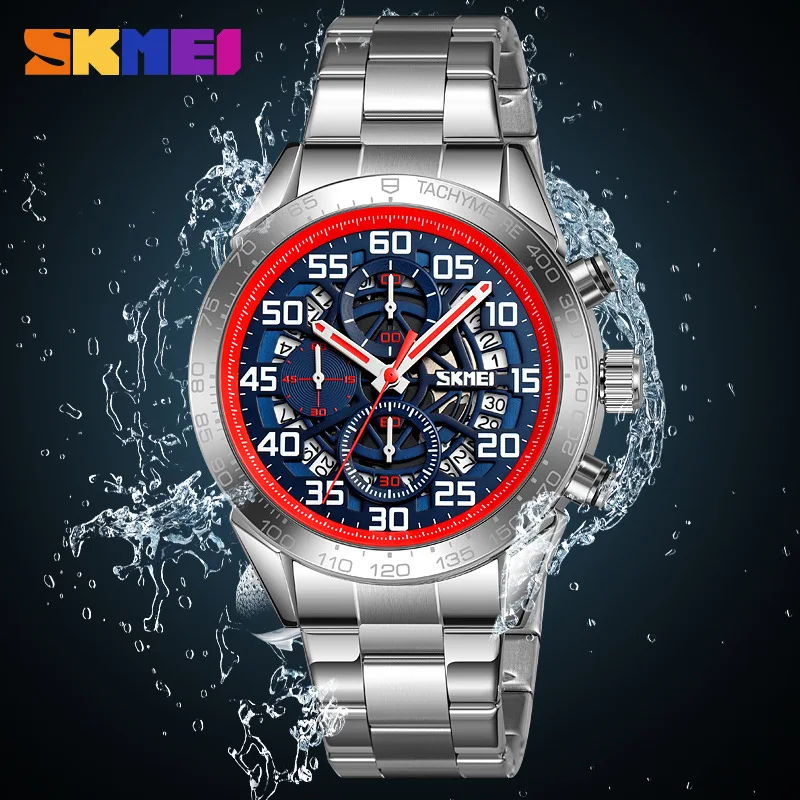 

SKMEI multifunctional three-eye six-hand quartz watch, men's business versatile wristwatch, fashionable and trendy watch