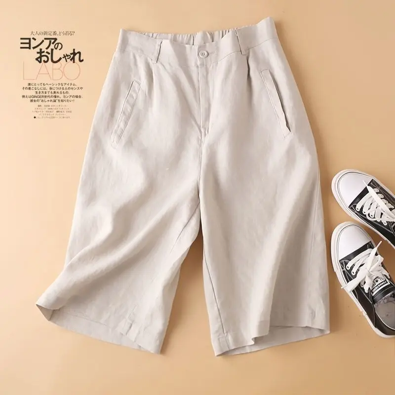 

High Waist COTTON Linen Women's Shorts Loose Casual Solid Women's Summer Shorts Basic Black Coffee Semi-elasticated Waist Shorts