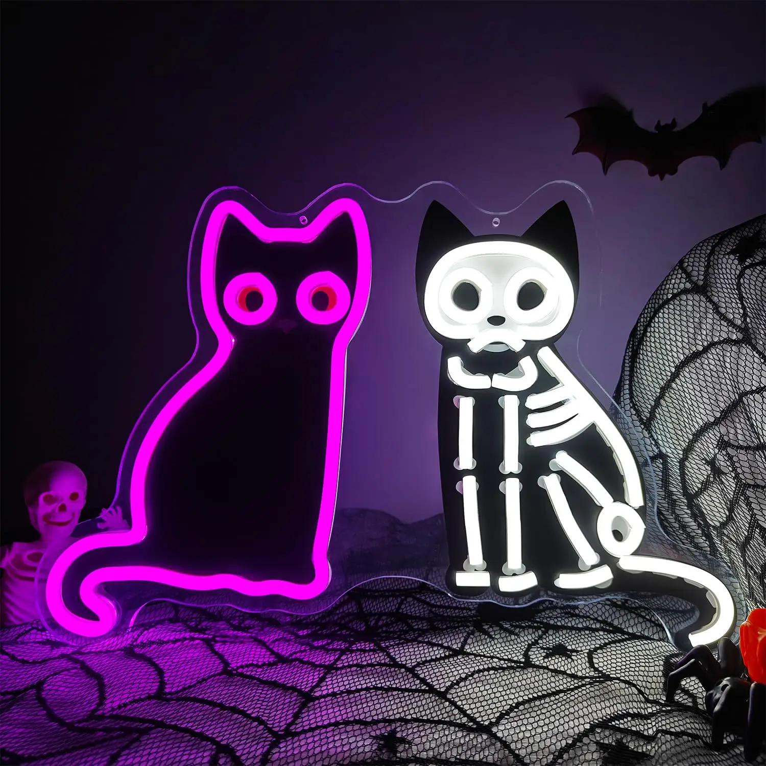 ハロウィン-黒猫-スケルトン-ネオンサイン-壁飾り-不気味な猫-ledサイン-窓-ドア-バー-パーティー-ゴシック-ペット-ウォールアート