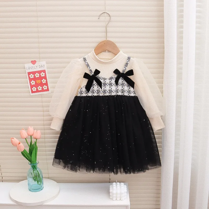 Baby Girl Clothing Spring And Autumn Bow Plaid Mesh Long-Sleeved Girl Kid's Dress With Pockets Cute Casual Baby Dresses