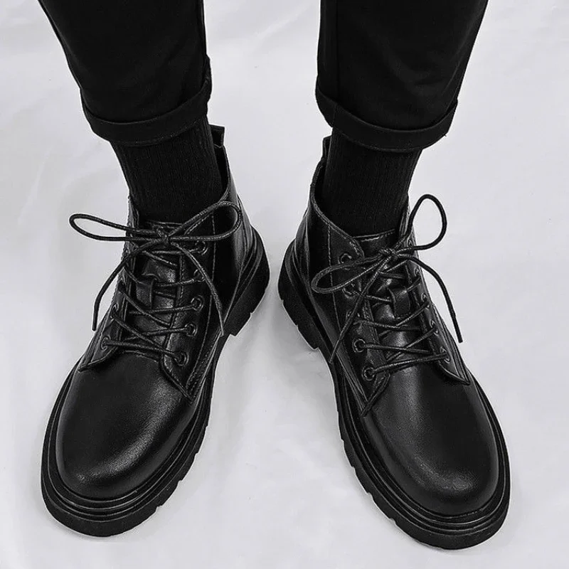 Leather Black Men High Top Lace Up Boots Autumn British Motorcycle Ins Hong Kong Couple Anti Slip Height Increase Workwear Shoes - view 3