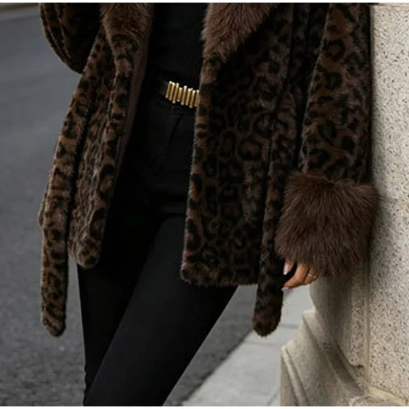 Tie Waist Faux Fur Coat Leopard Pattern Shawl Lapel Furry Cuff Splicing Long Sleeve Loose Chic Jacket 2026 Women's Fashion Coats