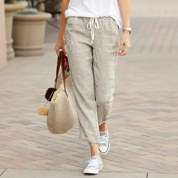 

2025 European and American Spring and Autumn New Solid Color Loose Casual Drawstring Elastic Waist Cotton and Linen Trousers