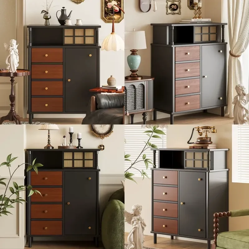 Retro American Rattan Chest Red Black Vertical Wall Cabinet Bedroom Drawer Storage Unit Simple Furniture