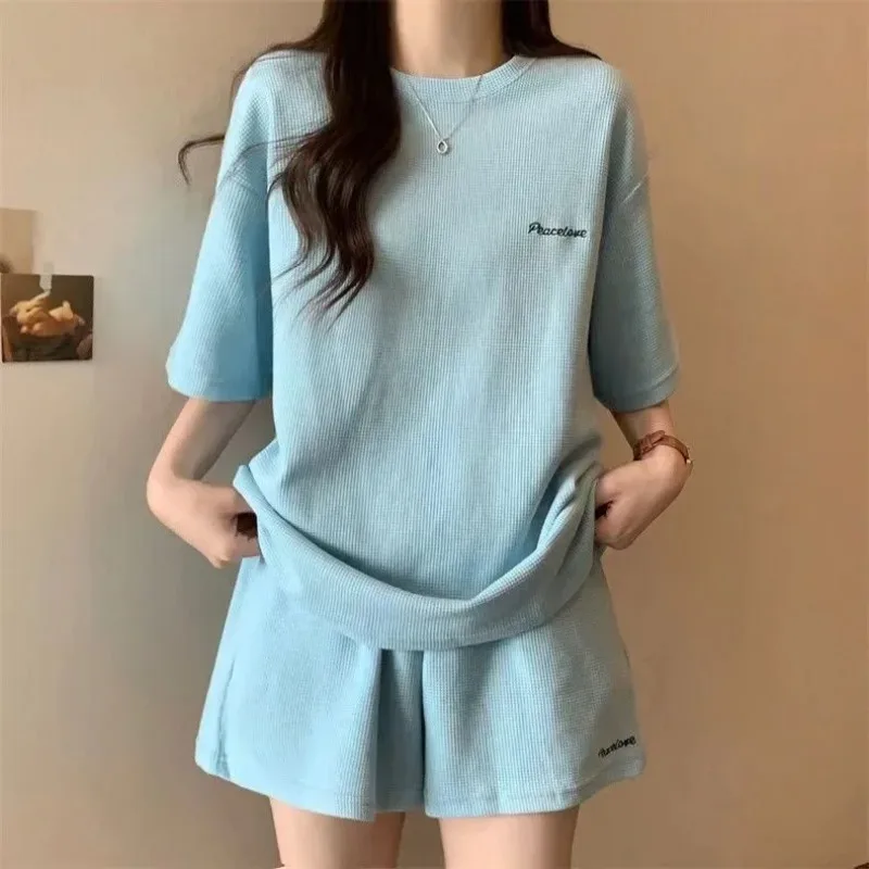 Summer Women's  Korean Loose Casual Short Sleeve T Shirt  Casual Loose Round Neck Short Sleeved T-shirt Shorts Two-piece Set - view 3